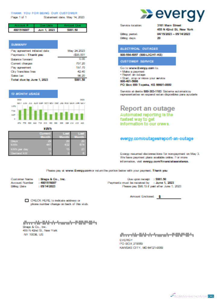 Download Missouri Evergy electricity utility business bill, SCR Photoshop template